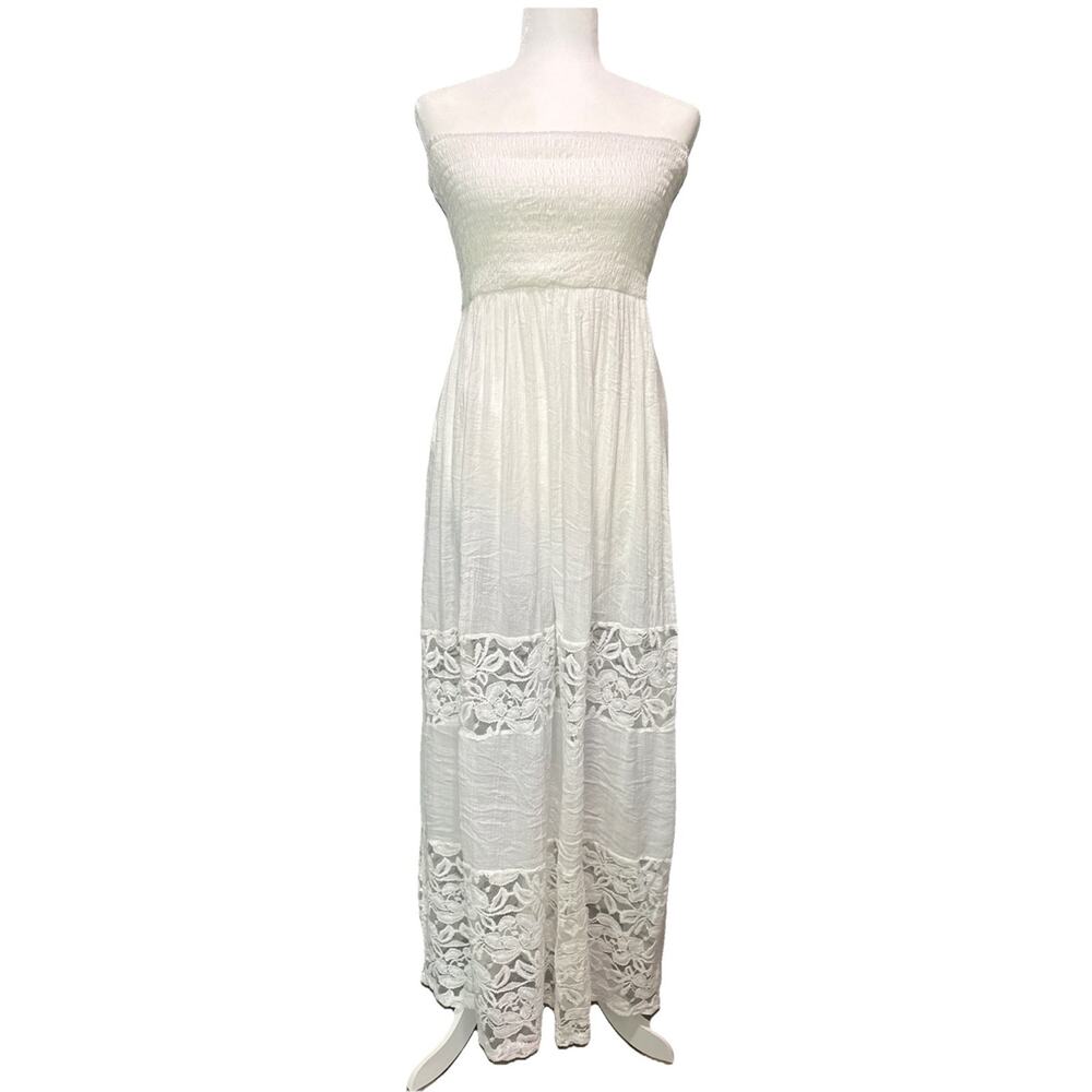 Halo Strapless Smocked Maxi Dress Womens L White Gauze Floral Lace Vacation